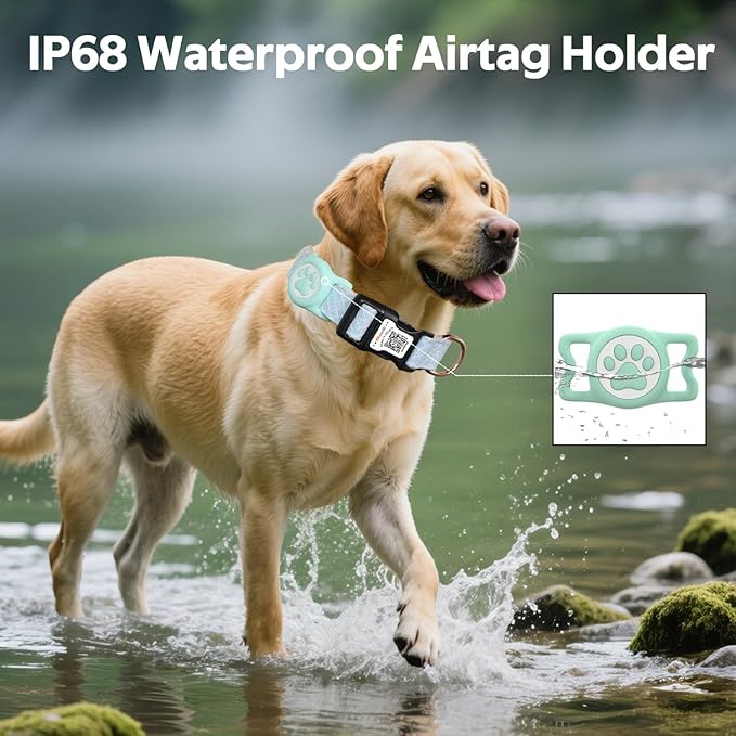 Dog Collar with Waterproof AirTag Holder & Anti-Lost QR Code, Cute Bling Warpping Adjustable Width for Small Medium Large Pet (Light Blue, L)