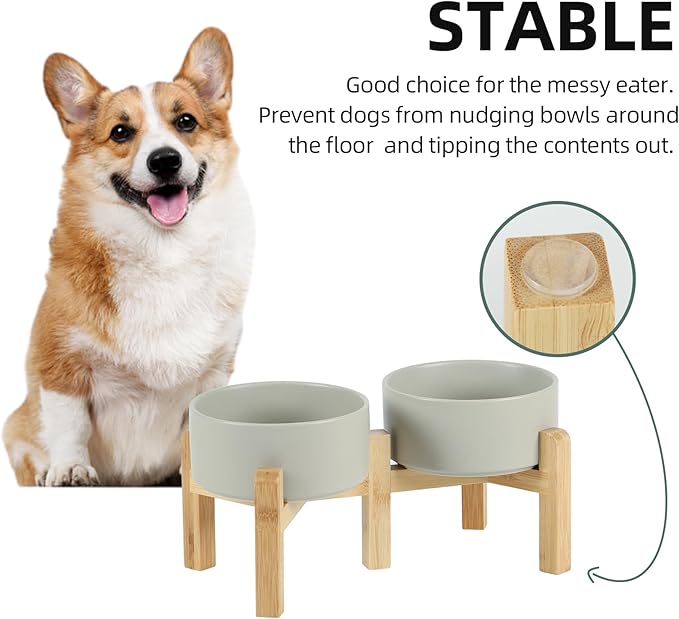 Ceramic Raised Double Bowls Set with Stand, 2 Heights Elevated, Food & Water Bowls for Small Breed Dogs, Weighted Dog Dishes, Pet Bowl(6.1'',28.7oz, Grey)