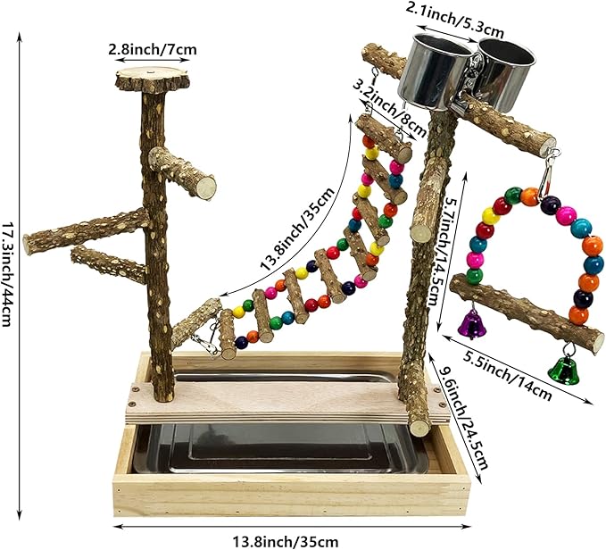 Tfwadmx Bird Playground Natural Wood Bird Play Stands Parrot Perch Stand with Removable Tray Climb Ladders Swing Chewing Toys for Lovebirds Cockatiels Budgies