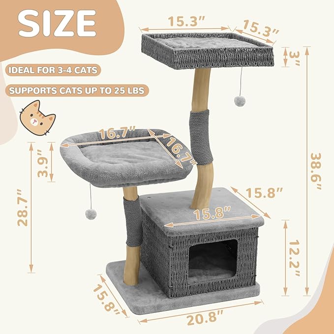 Modern Cat Tree for Large Cats - Multi-Level Wooden Tower with Scratching Posts, Large Jumping Platforms, Hanging Toy - Modern Luxury Cat Furniture for Indoor Cats-Grey