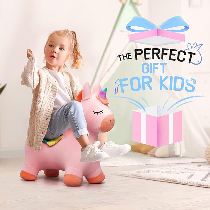 EVERICH TOY Bouncy Horse Unicorn Toys, Inflatable Bouncing Animal Hopping Toys, Outdoor Indoor Ride on Bouncer, Boys Girls Birthday Gift for 18 Month 2 3 4 5 6 Year Old Kid- Plush Unicorn Toy