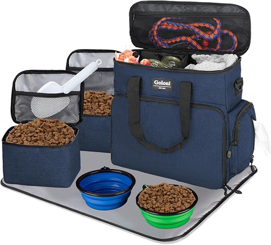 Dog Travel Bag Airline Approved–Pet Travel Tote with Collapsible Bowls,Food Containers & Feeding Mat–Multi-Pocket Organizer for Dogs & Cats, Durable & Water-Resistant for Hiking,Trips,Outdoors
