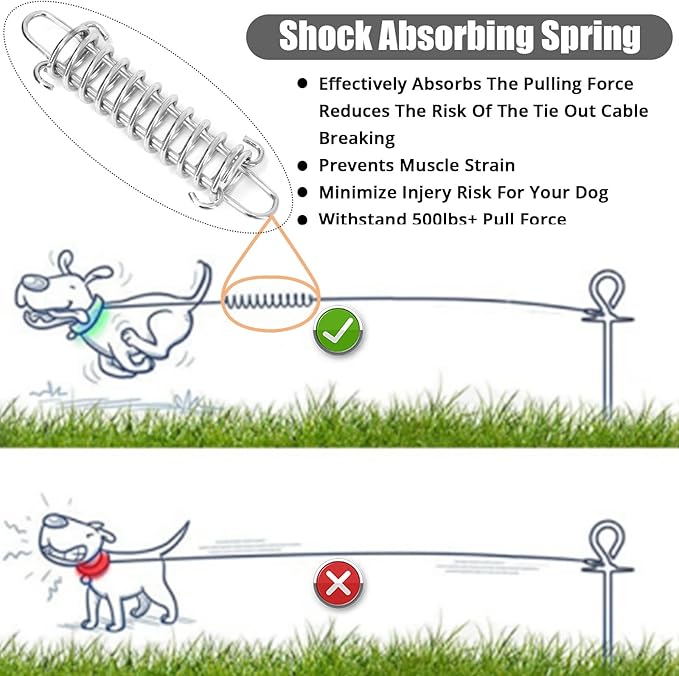 Jenico Dog Tie Out Cable - 10/15/20/30/40/50/70/100/150FT Runner Cable with Swivel Hook and Shock Spring, Outdoor Dog Leash Tether for Yard and Camping, Up to 500 LBS