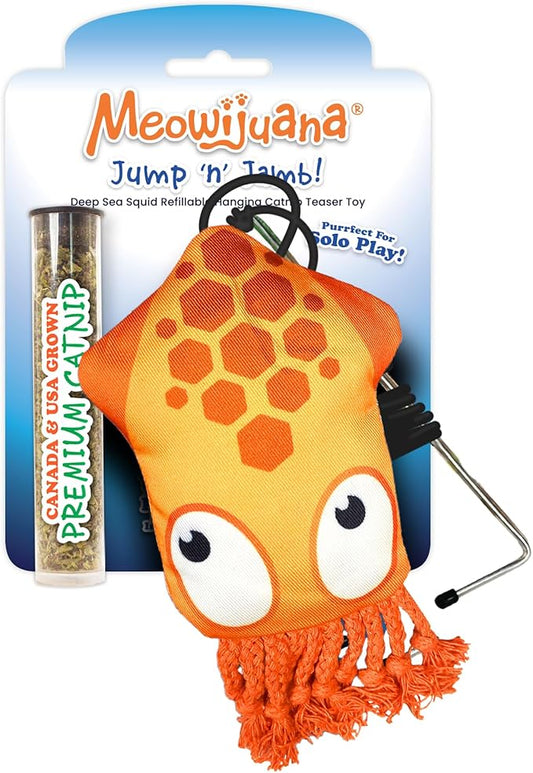 Meowijuana Jump 'n' Jamb Door Hanging Cat Toy | Deep Sea Squid | Refillable Interactive Catnip Toy | Promotes Play and Cat Health | Includes Potent Catnip Grown in North America