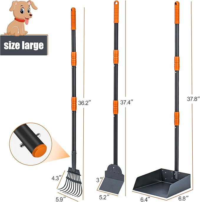 Niubya Pooper Scooper for Dogs, Metal Poop Scooper Tray Spade and Rake Set, Poop Scoop with Adjustable Long Handle, Dog Pooper Scooper for Pet Waste Removal