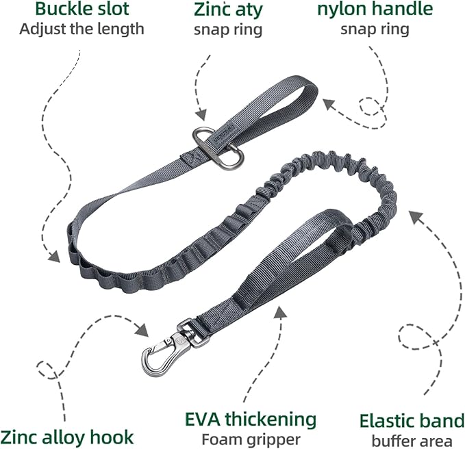 EXCELLENT ELITE SPANKER Tactical Bungee Dog Leash Military Adjustable Dog Leash Quick Release Elastic Leads Rope with 2 Control Handle（Grey