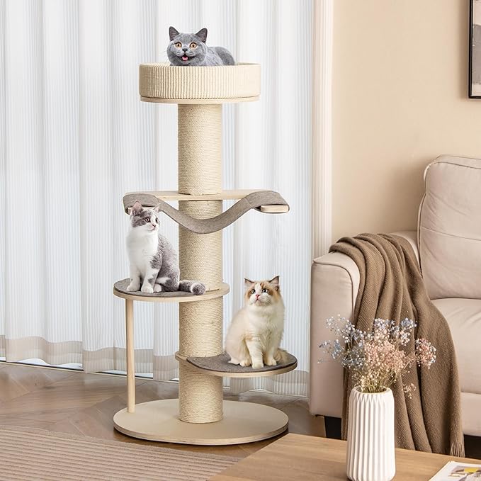 Tangkula Wood Cat Tree, 47 Inch Multi-Layer Cat Tower with 5.7” Thicker Sisal Covered Scratching Posts & Carpet, Padded Top Perch, 2 Jumping Platforms, Hammock, Modern Cat Tree Tower for Indoor Cats