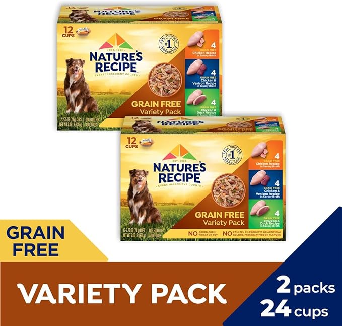 Nature’s Recipe Grain Free Chicken Recipe, Chicken & Venison Recipe and Chicken & Duck Recipe in Savory Broth Variety Pack Wet Dog Food, 12-2.75 oz. Cups, 2 Count