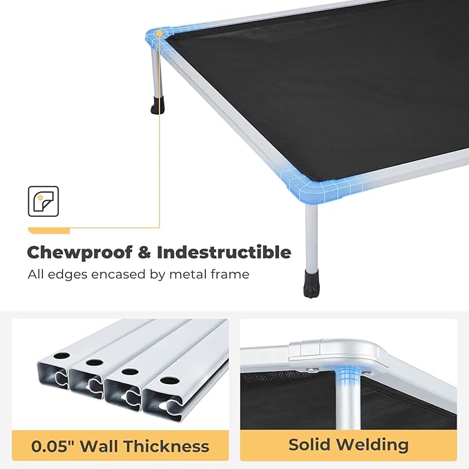 Veehoo Chewproof Elevated Dog Bed - Cooling Raised Pet Cot, Breathable Mesh, Washable & Non-Slip for Medium Dogs, Indoor/Outdoor, Black Mat and Silver Metal Frame, 32x25inches (Model CWC2203B03)