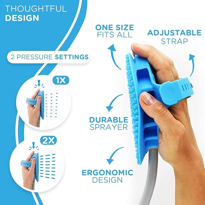 Aquapaw 5-in-1 Horse & Dog Bath Brush & Curry Comb - XL Blue Silicone - Includes 3-ft Shower Hose Attachment & Adapter - Adjustable Spray Scrub Massager - Dog Grooming Supplies