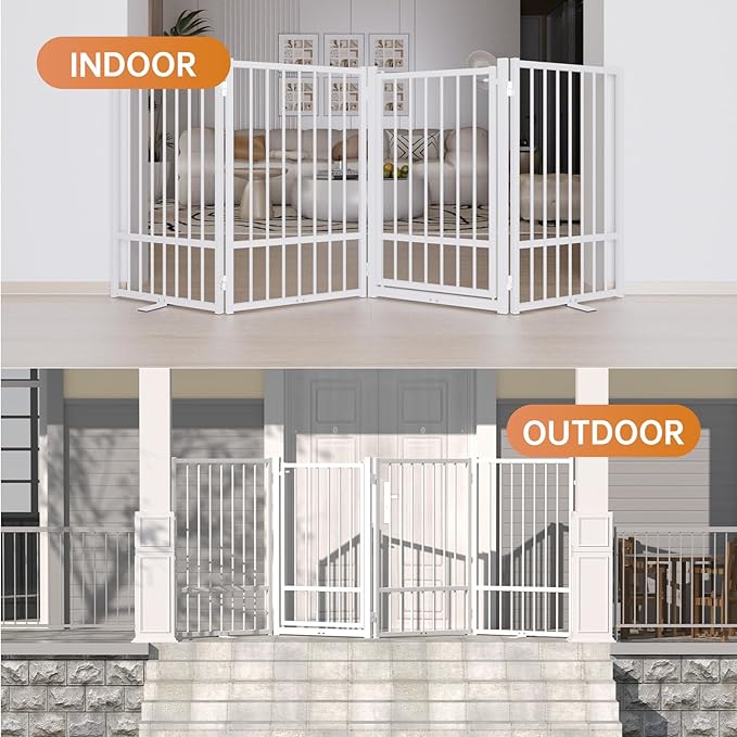 Full Metal Freestanding Dog Gate with Door, 32''Height Foldable Pet Dog Fence for Indoor & Outdoor, 6 Panels Extra Wide Free Standing TallDog Gates for Doorways,House,Stairs,Porch,Deck,Yard