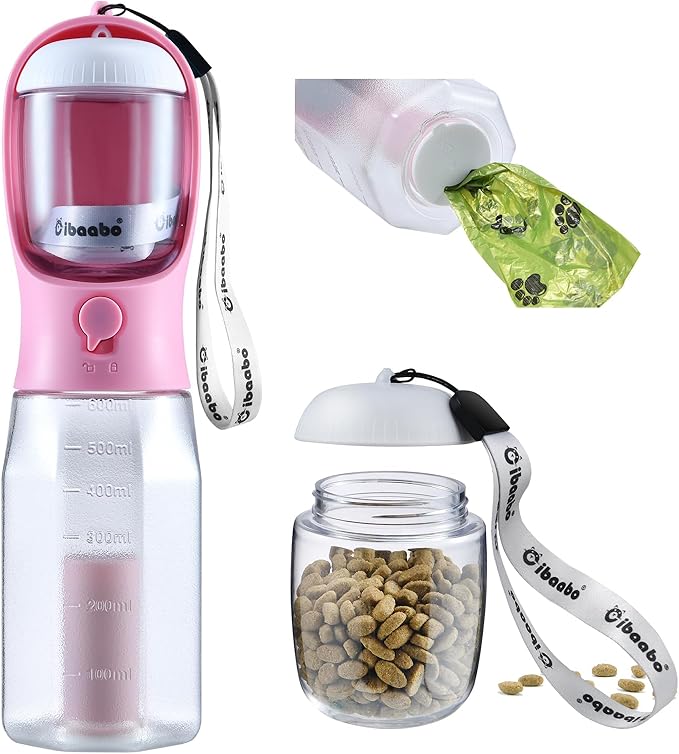 Dog Water Bottle with Food Container & Poop Bag Holder, Travel Water Bowl, Portable Pet Dispenser, Girl Dog Accessories Stuff Items Essentials Gift for Yorkie Chihuahua Walking Hiking