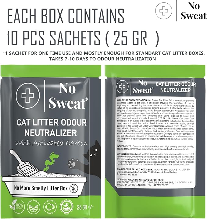 No Sweat Activated Carbon Cat Litter Odour Neutralizer- Made Of Coconut Shell -All Natural - None Chemical,Toxic Ingredients- Non-Scented-Planet Friendly-Disposable 10 Packs in One Box 250 GR