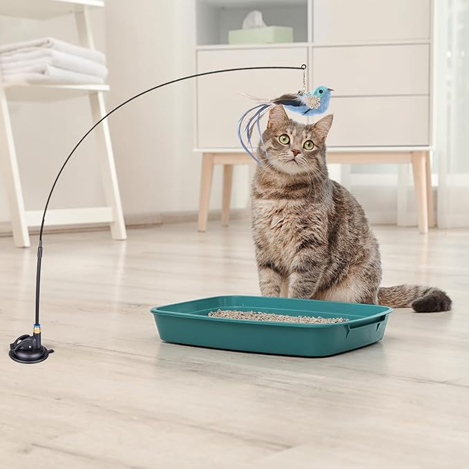 Cat Feather Toys, 10PCS Toys with Super Suction Cup, 2PCS Detachable Wand & 6PCS Replacement Teaser Refills, Interactive Indoor Cat Play