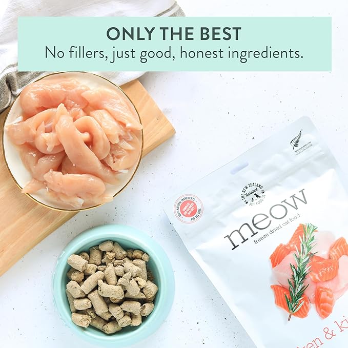 Meow Chicken & King Salmon Freeze Dried Raw Cat Food, Mixer, or Topper, or Treat - High Protein, Natural, Limited Ingredient Recipe 9.9 oz