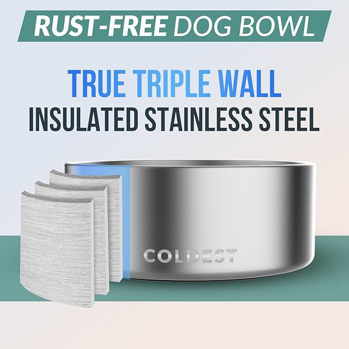 Coldest Dog Bowl - Anti Rust Metal, Non Slip, 3 Layers Insulated Stainless Steel Dog Bowls - Spill Proof & Heavy Duty - Water Bowl for Dogs, Cats, Dish Washer Safe (100 oz,Polished Stainless Steel)