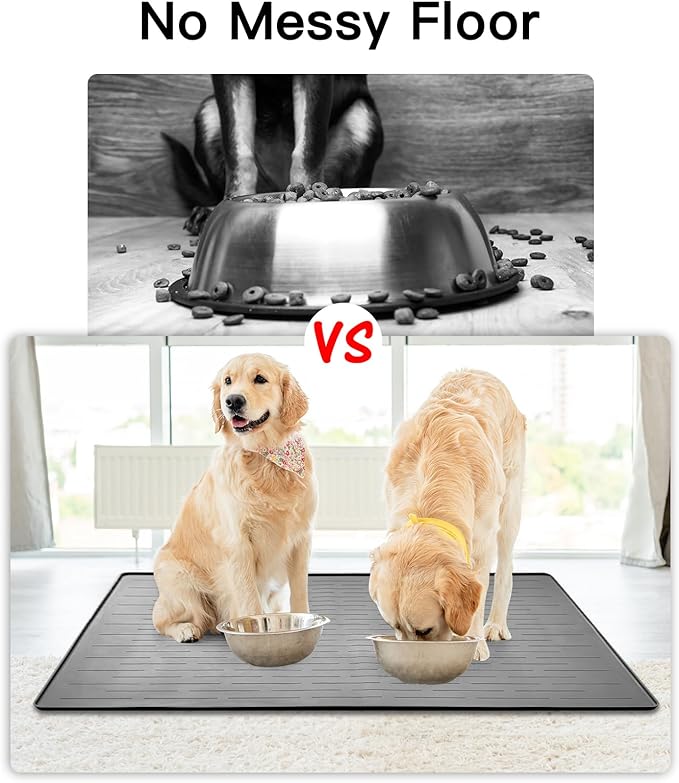 48" x 32" XXXL Largest Pet Food Mat, Silicone Dog Mats for Food and Water, Nonslip Pet Feeding Mats for Floors,Dog Cat Bowl Mat with Raised Edges, Light Gray