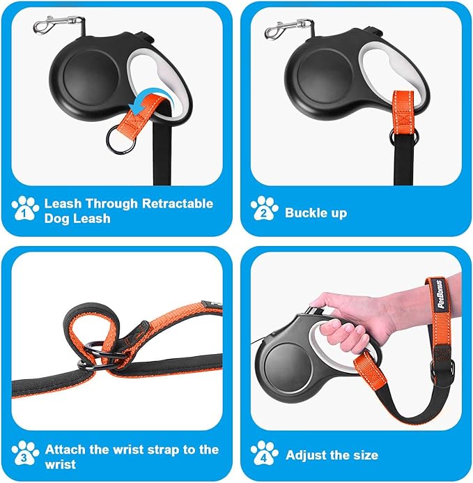 PetBonus Short Dog Leash, Safety Wrist Strap for Retractable Dog Leash, Reflective Design and Adjustable Soft Padded Handle, Extra Layer Security for Pet Stroller (Orange)