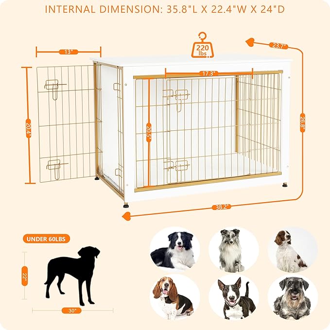 DWANTON Dog Crate Furniture with Cushion, Wooden Kennel Table with Double Doors, Indoor Dog House, Large Size, 38.5" L, White