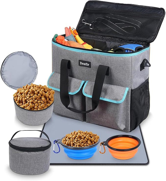 Large Pet Travel Bag Organizer - Dog & Cat Tote with Food Containers, Bowls, Feeding Mat, Perfect for Camping, Hiking (Multi-Pocket Design)