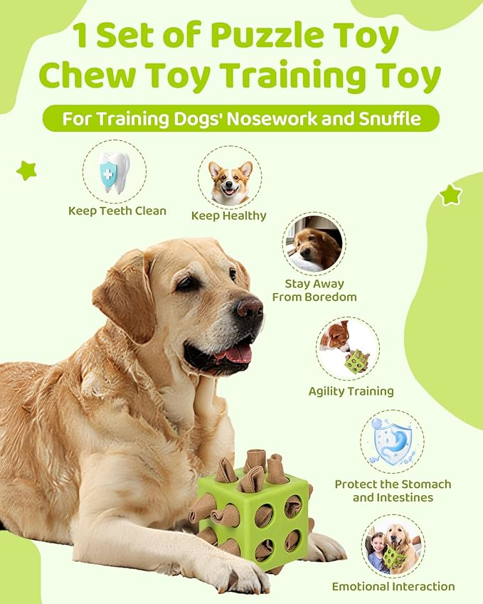 Interactive Puzzle Dog Toy Encourage Natural Foraging Skill, Durable Dog Enrichment Toy Snuffle Cube Cloth Strip with Hide & Seek Food, Slow Feeder for Mind Stimulate & Stress Relief (Green)