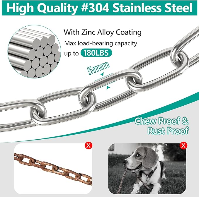 Tresbro Heavy Duty Dog Chains for Outside, 10FT Stainless Steel Tie Out Cable with Swivel Hook for Large Dogs, Metal Chew Proof Pet Runner Chain Leash Lead for Outdoor Camping Hiking Yard, 5MM