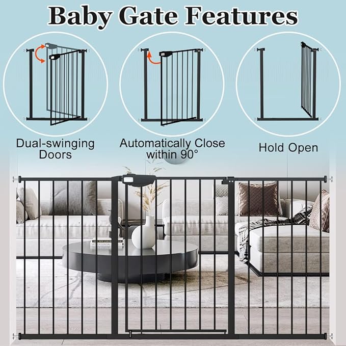 WAOWAO Triple Lock Baby Gate Extra Wide 76.77-81.49" Pressure Mounted Walk Through Swing Auto Close Safety Black Metal Dog Pet Puppy Cat for Stairs,Doorways,Kitchen