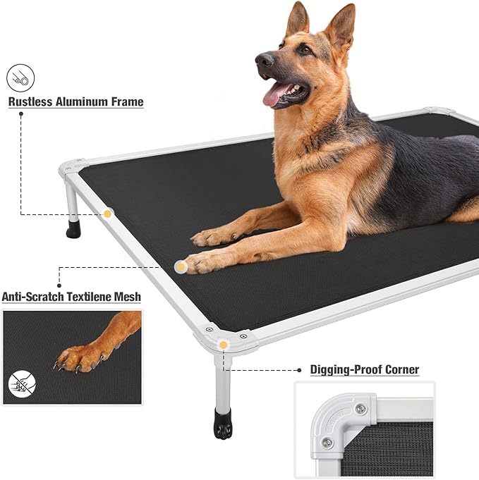 Veehoo Chew Proof Elevated Dog Bed - Cooling Raised Pet Cot - Silver Aluminum Frame and Durable Teslin Mesh Fabric, Unique Designed No-Slip Feet for Indoor or Outdoor Use, Black, XX-Large, CWC2003