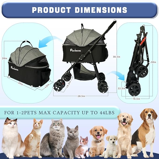 4 Wheels Pet Stroller 4 in 1 Pet Stroller with Detachable Carrier for Small & Medium Dogs Cats up to 55 lbs Easy-Folding Travel Dog Wagon with Car Seat Breathable Mesh,Black