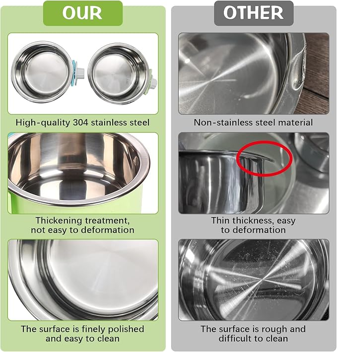 kathson Crate Dog Bowl, Removable Stainless Steel Hanging Pet Kennel Cage Bowl Food & Water Feeder Coop Cup for Puppy, Cat, Rabbit,Guinea Pigs 2pcs (Blue,Green)