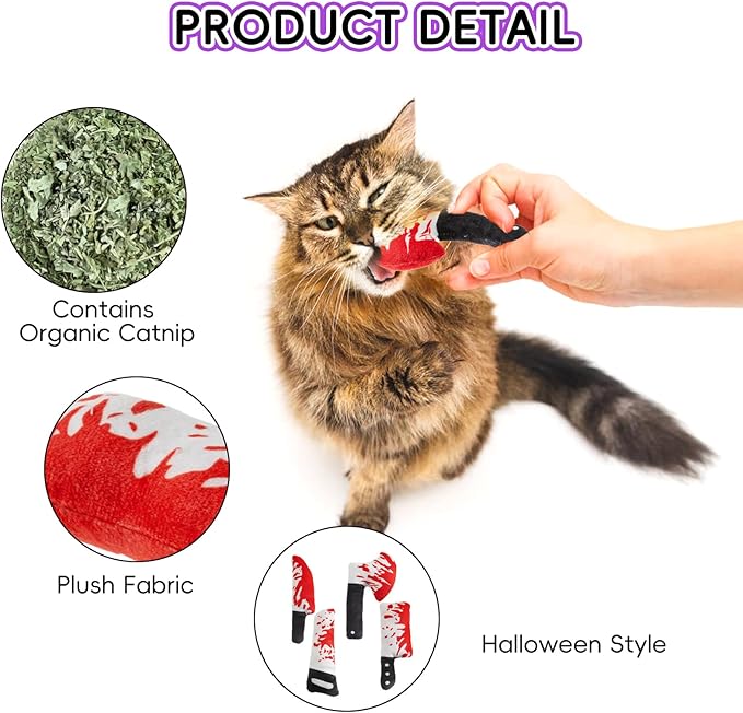 8pcs Catnip Toy, Indoor Knife Shaped Cat Toy Horror Plush Interactive Chew Bite Toys for Halloween Christmas Cat Kitten Indoor Festive Holiday Cat Lover Gift