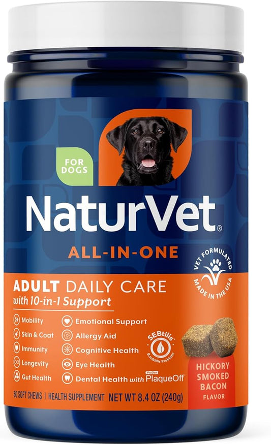 NaturVet All-in-One Adult Dog Daily Care, 10-in-1 Supplement Dog Soft Chews for Mobility, Skin, Digestion, Teeth, Cognition, Eyes, Hickory Smoked Bacon Flavored Pet Supplement for Dogs, 60 Count