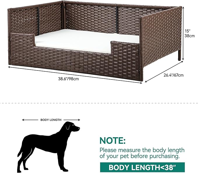 YITAHOME Rattan Dog Sofa Bed with Cushion,Wicker Pet Bed Sofa Couch Indoor Outdoor Waterproof for Large Medium Small Dogs Cats (38.6''L*26.4''W*15''H,Beige)
