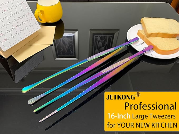 JETKONG 2 Pcs 16-Inch Stainless Steel Fine Tongs Extra Long Chopstick Tongs Long Kitchen Forceps for Cooking (Rainbow)