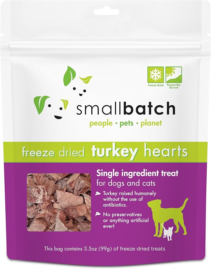 smallbatch Pets Premium Freeze-Dried Turkey Heart Treats for Dogs and Cats, 3.5 oz, Made and Sourced in The USA, Single Ingredient, Humanely Raise Meat, No Preservatives or Anything Artificial Ever