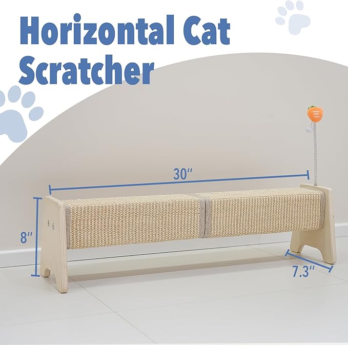 Cat Scratching Post, 30" Horizontal Sisal Scratch Post for Indoor Cats, Durable Cat Furniture Protector with Spring Toy