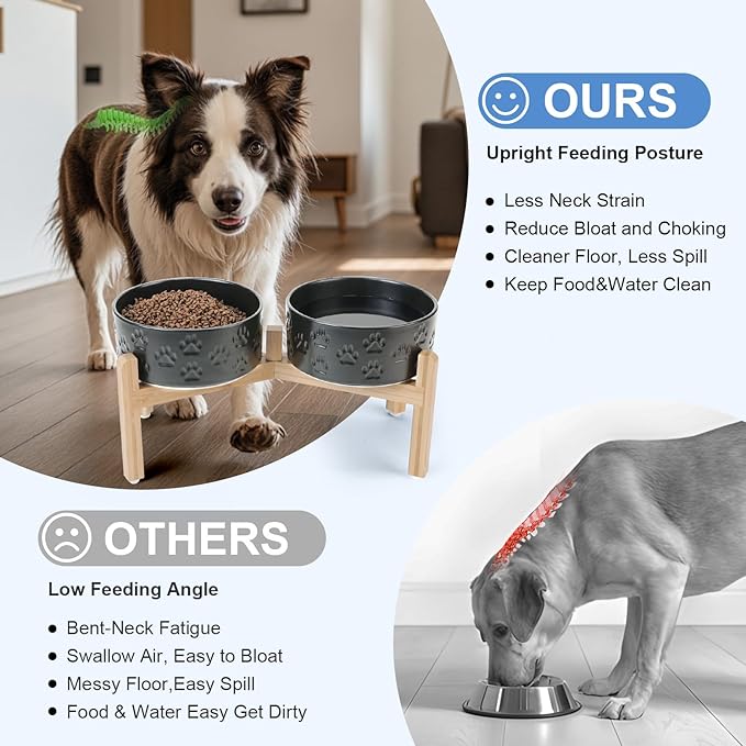 SPUNKYJUNKY Elevated Dog Bowls Ceramic, 7.3'' Dogs Food Water Bowls Raised with Non-Slip Bamboo Stand for Medium to Large Sized Breed Microwave Dishwasher Safe - 42 OZ,Paw Black