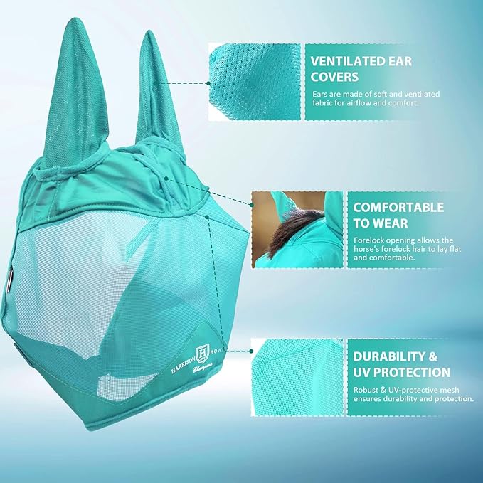Harrison Howard UV-proof Multi-Function Fabrics Thick Fleece Padding Horse Fly Mask Half Face with Ears Mint Horse Large