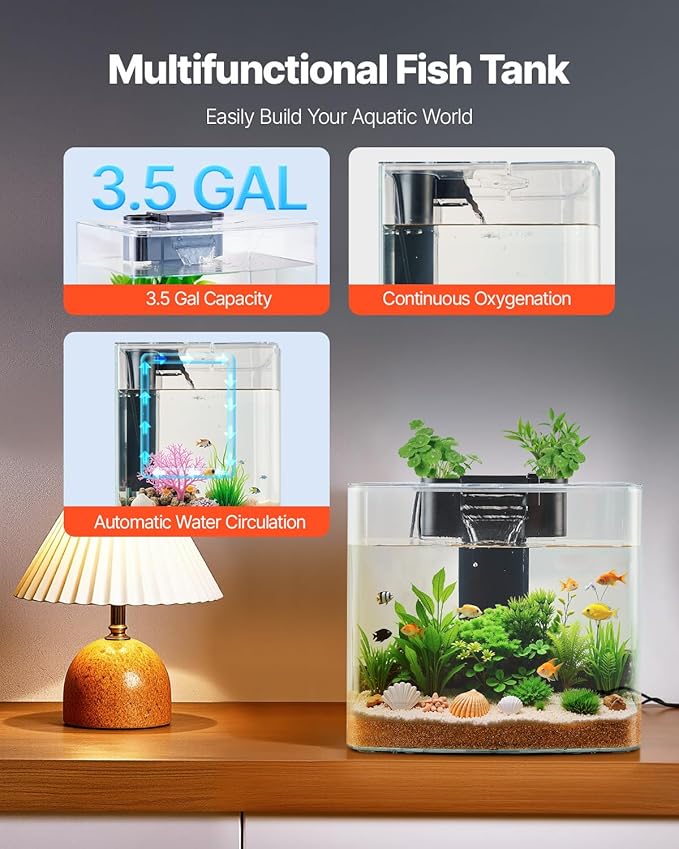 VEVOR Fish Tank Aquarium, 3.5 Gallon Arch Ultra-Clear GPPS Starter Smart Tank Adjustable 3 Color Lighting, Self Cleaning System Fishbowl for Freshwater & Saltwater Fish Home, Office, or Pet Use