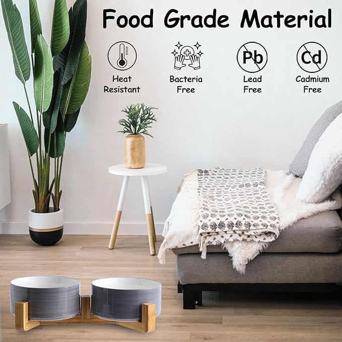 Petygooing Ceramic Cat Dog Bowl Set with Wood Stand, 13.5OZ/5.1 in, Grey White