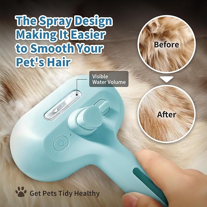 Spray Cat Brush for Shedding, Static & Tangled Hair - Self Cleaning, Long & Short Hair Pets Grooming Brush (Blue)
