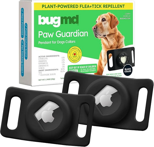 BugMD Paw Guardian Flea & Tick Pendant (2-Pack) with AirTag Holder – Plant-Based Flea & Tick Prevention for Dogs – Pet Collar Tag & GPS Tracker Holder for Dogs – Black