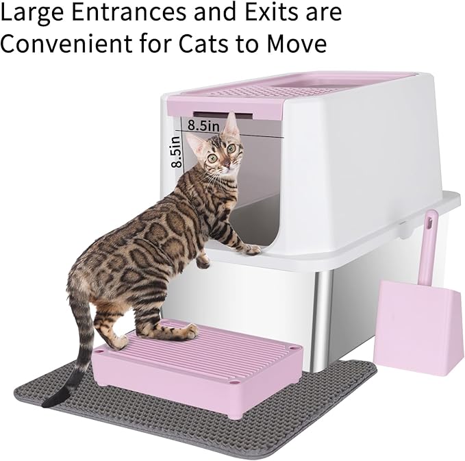RIZZARI Stainless Steel Cat Litter Box, Odorless Enclosed Litter Box with Top Holes, Large Litter Pan for Small to Large Sized Cats (Dark Pink, 24" L*16" W*18" H)
