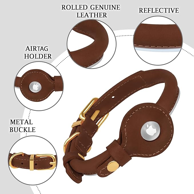 OOPSDOGGY Rolled Leather Dog Collar with Airtag Holder - Reflective Round Airtag Dog Collar - Soft Tracking Pet Collar for Small Dogs Puppy Cats Kitten (Brown, XS, 8"-11")