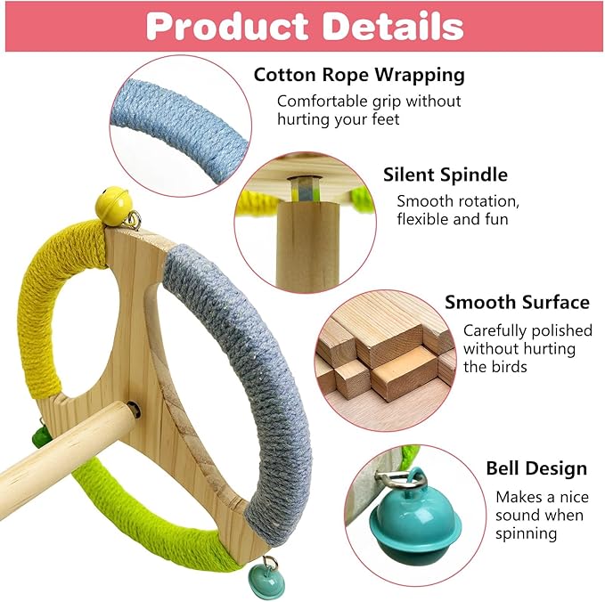 PINVNBY Bird Stand Perch Toy Wooden Spinning Parrot Perch with Cotton Rope and Bell Interactive Cockatiel Toy Bird Cage Accessories for Parakeets Conures Budgies Finches Lovebirds