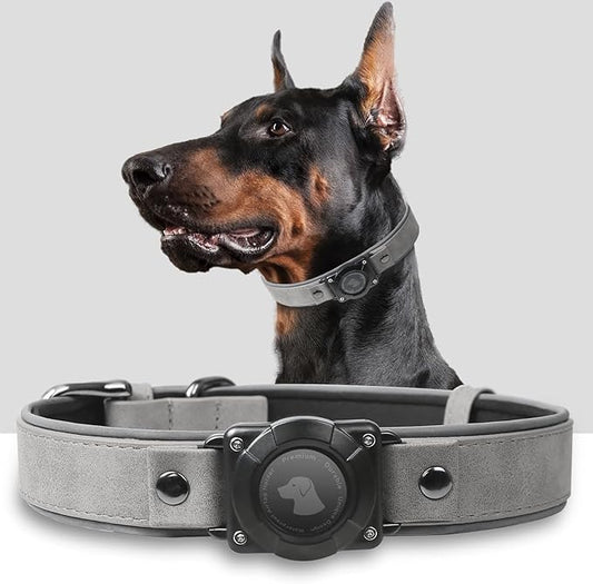 AirTag Dog Collar - Leather Dog Collar with Air Tag Holder | IPX8 Waterproof, Reflective, High - End, Adjustable Soft Padded | Dog GPS Tracker Collars Fit for Medium Large Dogs (Grey, XL)