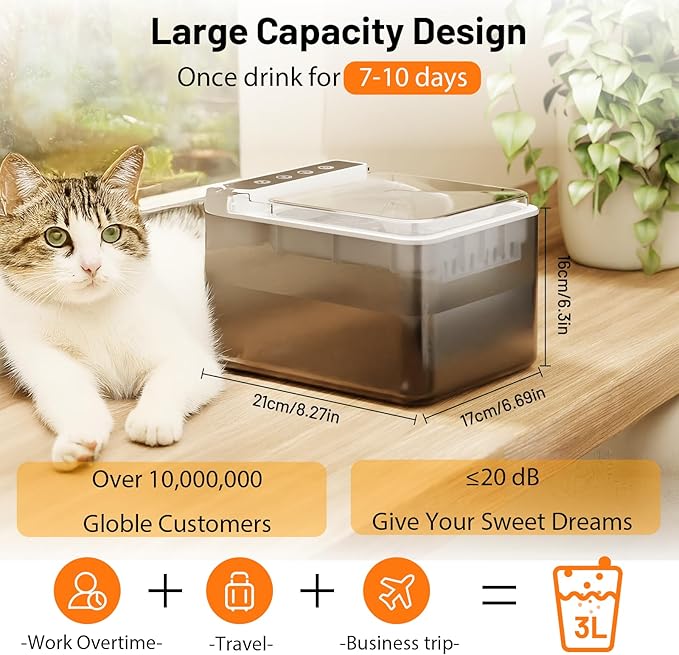 Cat Water Fountain Pet Water Dispenser Automatic Kitty Spout Flip Lid Water Fountain 106oz/3L Cordless Battery Operated for Small Dogs for Drinking Indoor with Motion Sensor Quiet Water Pump