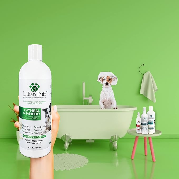 Lillian Ruff Calming Oatmeal Pet Shampoo for Dry Skin & Itch Relief with Aloe & Hydrating Essential Oils - Replenish Moisture & Deodorize - Tearless Dog Shampoo for Normal/Sensitive Skin (16oz)