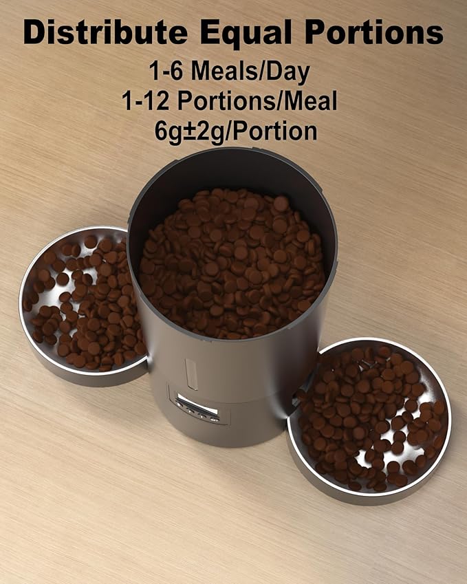 Dual Automatic Cat Feeder 2 Cats,6 Meals/Day,12 Portions/Meal,4.2L Dual Power Double Bowls Feeder,Dry Food Auto Pet Dispenser,10S Voice Record,Flexible Schedule Timer (Black,Stainless Dual Bowls)