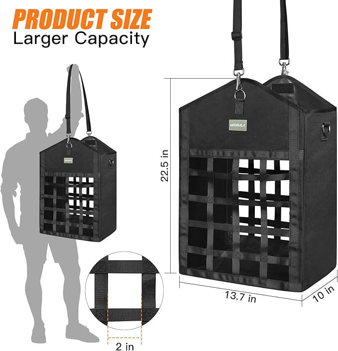 Hay Bags for Horses,Two-Sided Premium Oxford Slow Feed Hay Bags for Goats,Sheep,Donkey,Large Top Opening with Hook-and-Loop Seals,Easy to Hang with Adjustable Strap (Black, Large 2 Packs)